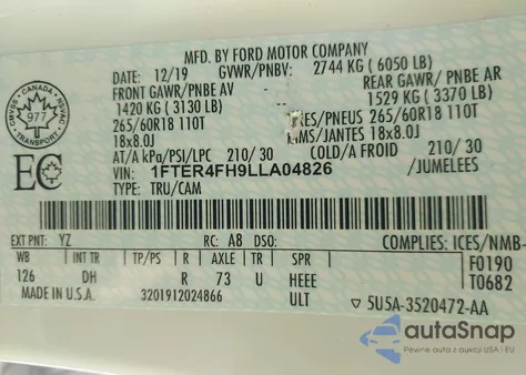 2020 Ford Ranger Lariat из США, поврежденный, VIN 1FTER4FH9LLA04826